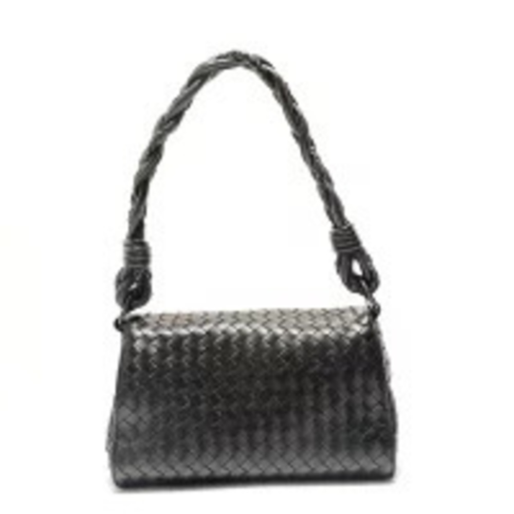 Bottega Veneta black leather Intrecciato flap shoulder bag signature woven